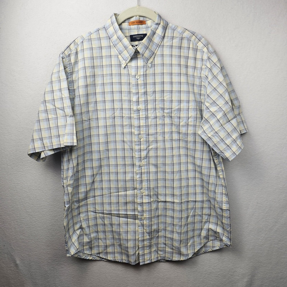 Dockers Shirt Men's Size Large Blue Yellow Plaid Short Sleeve Button Up